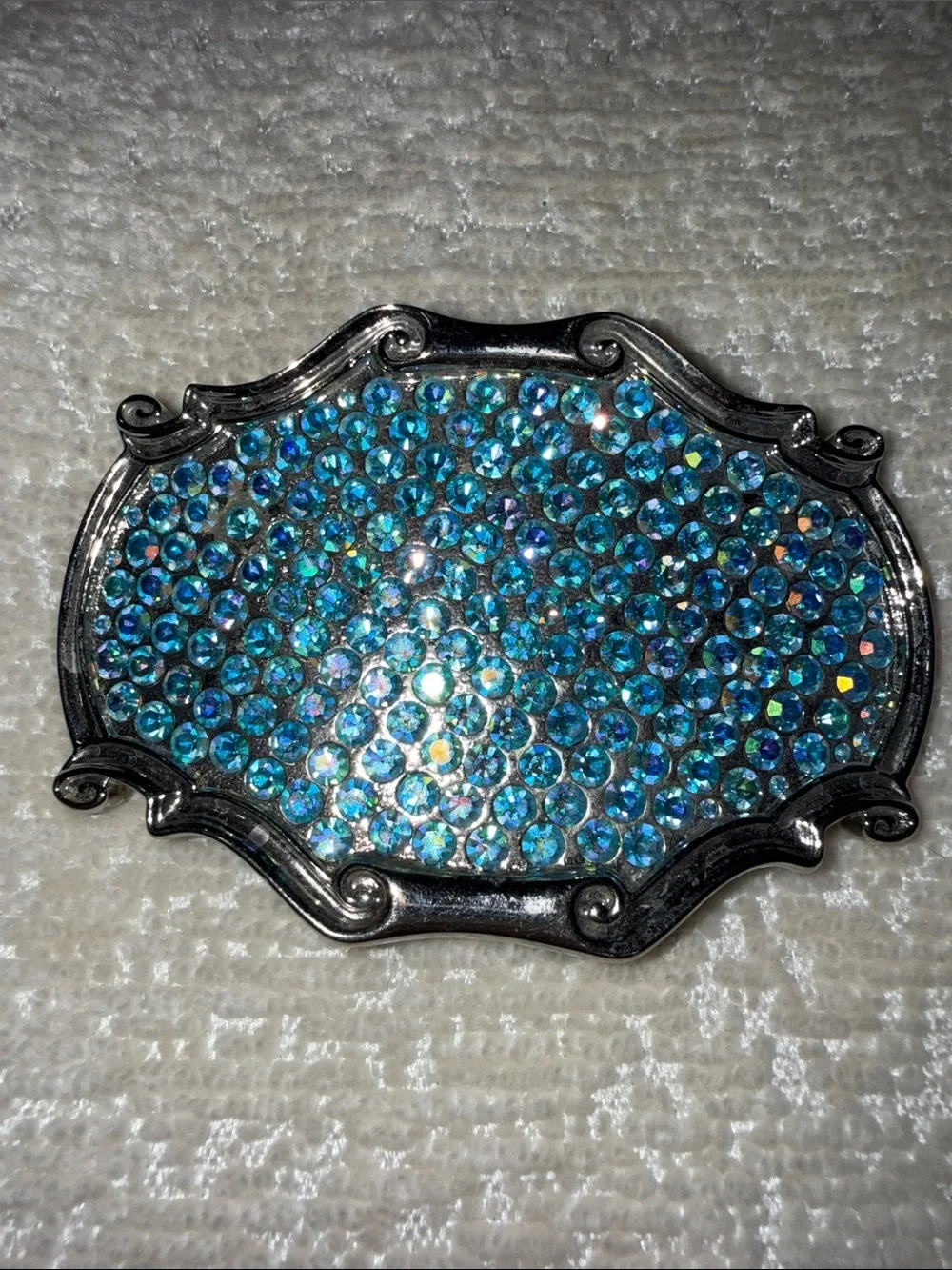 Blue Aurora Borealis Rhinestone Belt Buckle Silver Tone Western Rodeo Cowgirl